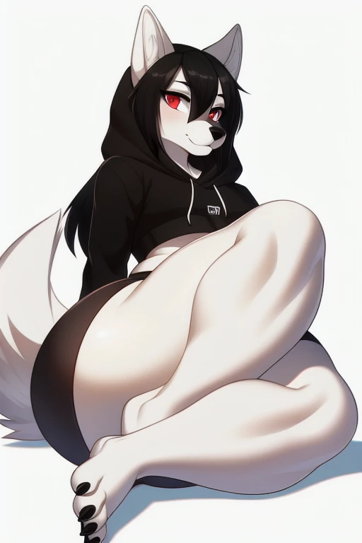 Anthropomorphic male black wolf, red eyes, fullbody view, solo, seen from above, lying on sofa, white background, digital art, wearing a lifted dark grey t-shirt with black stripes, blue thigh high socks with white stripes and a small translucid panties, tongue out, hands back the head, naughty face, sfw version, half eyes closed, one eyebrown lifted, straight legs, erection under clothes, looking at viewer