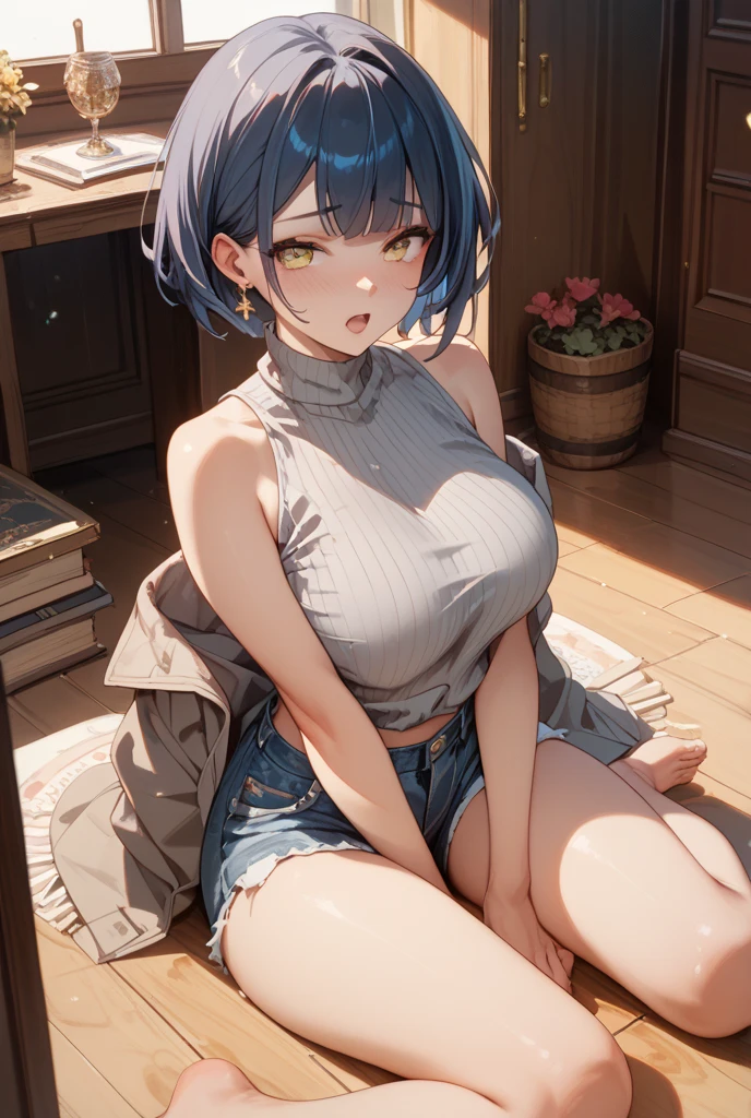Masterpiece, Best Quality, 1 girl, looking at the viewer, sitting, White background, Xiangling (Genshin Impact), blue hair, short hair, plush toy, sideways, barefoot, hair ornament, breasts, Stuffed animal, alone, parted lips, fringe, bare shoulders, yellow eyes, shirt, looking to the side, Wariza, shirt blanca, breasts pequeños, Fork, bare shoulders, holding up, thick eyebrows, bare legs, fringe romo, SMILE, Teddy bear, long sleeves, Brown eyes, open clothing, braid, Alternative costume, outdated, camialone, tight