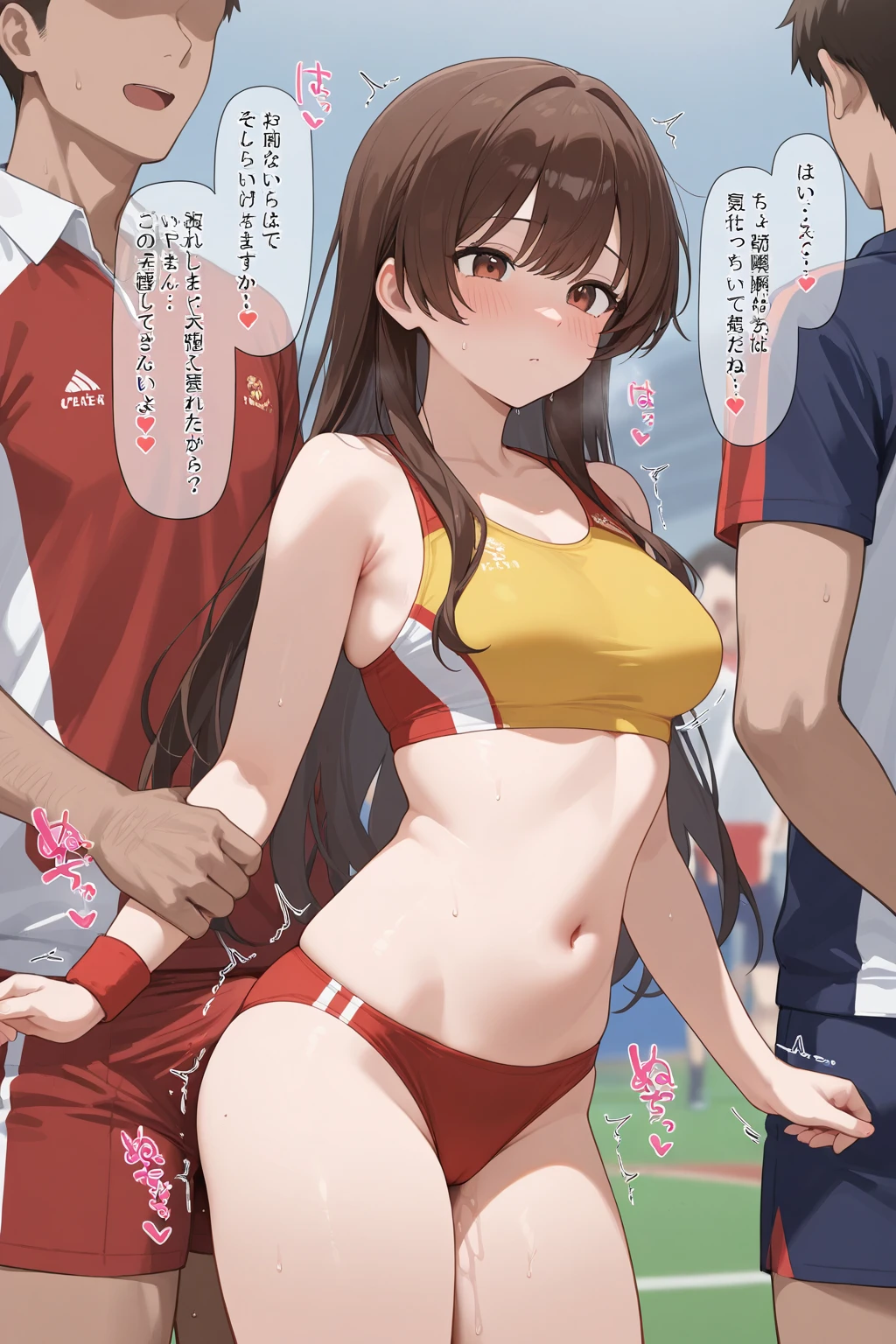 (masterpiece,best quality)(extremely detailed illustration)(official art)(ultra-highdetail)
(beach)
(1girl,swimsuit,looking at viewer)
(tan,boy male swimwear)
(2 guys:1.2)
(woman between two men)
(Flirting,hug torso_grab standing hetero)