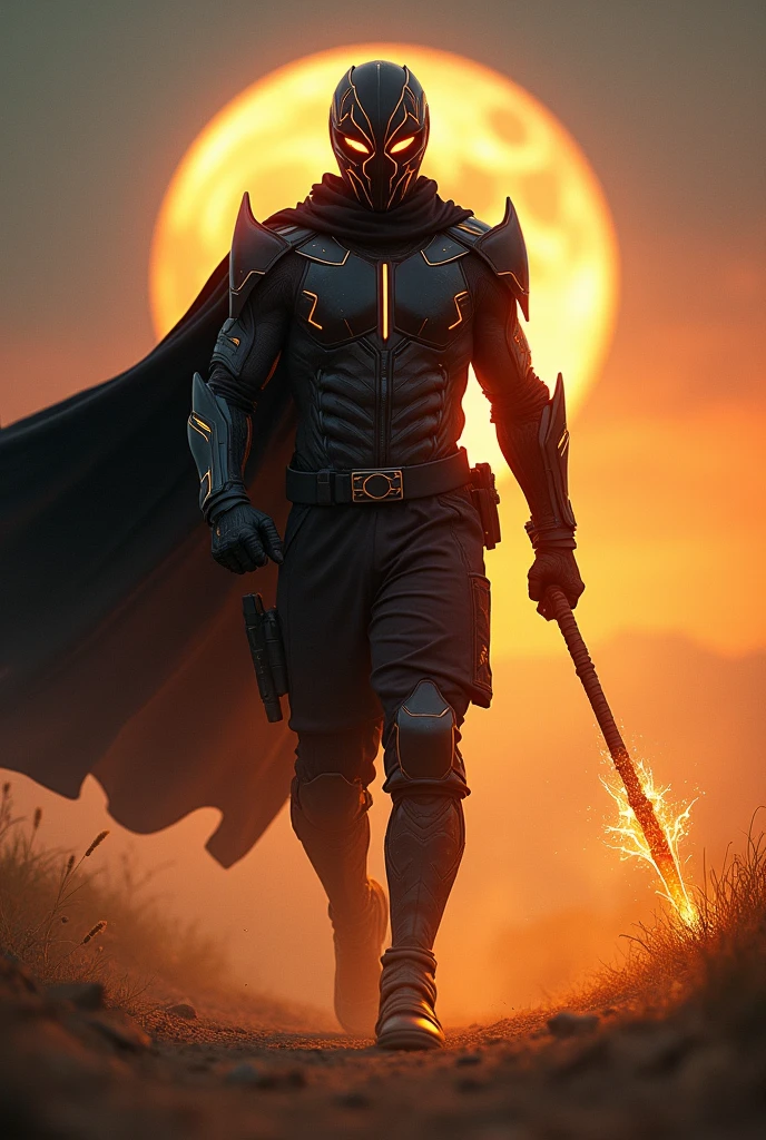 A character on top of a building with black and yellow hood, black pants, black sneakers and in the background other buildings with light on, with a starry night, the character with a black mask and with black gauntlets with white details with a technological aspect and the mask shows the eyes of the character  , the character with black and white axe, the knob down to the throat of the axe on the characters hand will be black, the shoulder down to the belly of the axe on the characters hand will be yellow, the toe to the heel of the axe will be gold and the butt black --auto --s2