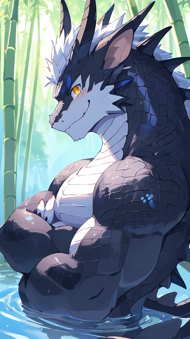 nj5furry, buff dragon anthro, brute, semi sea blue scales with tan skin colored underscales, big snout, two light skin colored horns and simple short black hair, small black eyes with glowing purple pupils, White shirt, black vest over a light grey jacket, Bandages around left shoulder, Fingerless glove on right hand, cumming on self, Hypnotized, "good boy", Vorosuarts2, NSFW, Corruption, solo, ahegao, self-touching privates