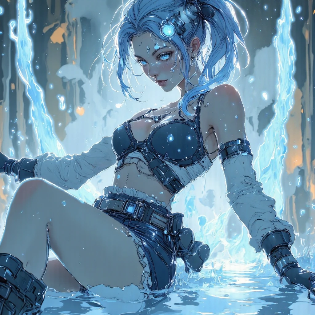 Dark skin, vibrantly colored, Highly detailed, highly intricate, glossy, fantasy digital art , ((Dark-skinned woman))), (((black heart-shaped diamond under her bustline;))) ::((creating a new law of physics by smelting a gem into a hardlight cauldron and producing a holographic formula, though Alien alchemy as she listens to music as sweat drips and soaks her clothes.) (flirty,  strong, slender ,salacious, alluring physique, hypnotic black eyes, short black curly hair, long narrowed convexed hooked nose, a lovely oblong face), (Open black denim jacket, stars on the chest pockets, blue and white striped crop top, black shorts  stars on  waist, white thigh-high blue trim, black boots, 504 Kangol cap, shades.) (magical laboratory, hardlight machines, waterfalls, mystical fantastic atmosphere.) ( intricately accurate facial and physical structure, intricately expression and emotion, accurate colored complexion, accurate clothing design, complex hairstyle, intricate character detail, full of emotion, perfect peice, perfect prompt ,full length depth of field.)