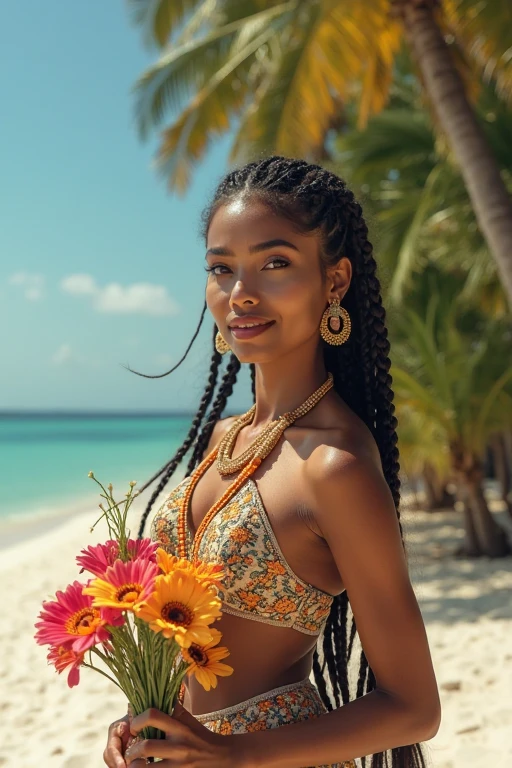 pele negra, hair with well-defined colorful beautiful braids, beautiful and detailed natural pink full lips, olhos verdes claro detalhados e bonitos, piersing no nariz e na sombracelha esquerda, cropped verde claro colado no corpo, roupa de praia, corpo bonito, symmetrical face, de boa aparencencia, numa estrada beira mar, ao por do sol, sol brilhante de fim da tarde cor-de-rosa e laranja, crisp, bright seawater that reflects the sun, seagulls flying in the indigo sky, bonita