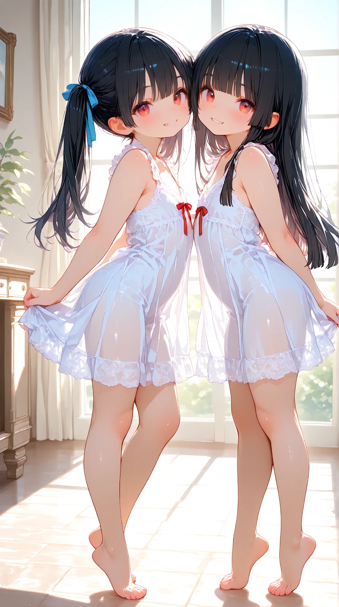 Very detailed, Highest quality, High resolution, Moe Anime, ((Sheer Wedding Dresses)), ((Two s:1.2)), (Black Hair:1.4), (Baby Face), Cute eyes, Detailed eye depiction, Eyes sparkling, Dark eye color, View your audience, Pale skin, (Big eyes:1.4, Droopy eyes:1.4, Torogao:1.4), Focus on the face, In the park with cherry blossoms falling, ((The lower half is naked)), Bright Eyes, ((Nipples are visible through the fabric)), ((Petite)), ((Young)), ((nsfw:1.2)), (Flat Chest:1.4), ((Different hairstyles:1.4)), smile, (Slightly below:1.4)