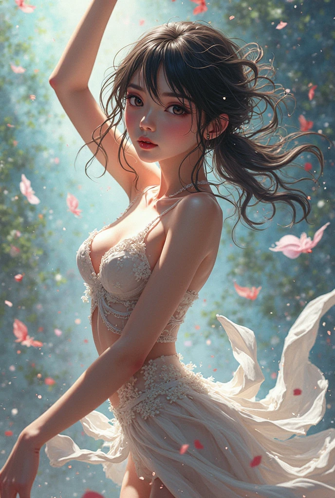 Girl posing for photo in white bra and white stockings,No clothes leaking out of the chest --auto