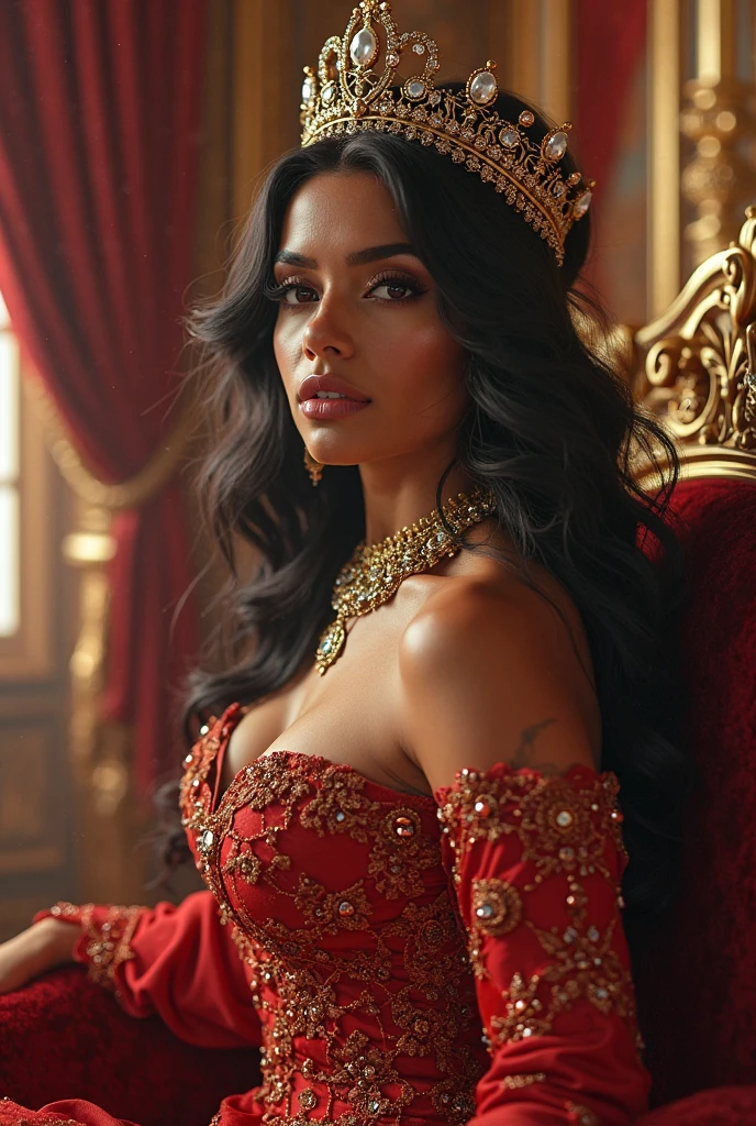 (best quality)), ((masterpiece)), (detailed), perfect face, Envision an art drawing of a female with dark black hair styled, her eyes adorned with smoky eyeshadow and dramatic eyeliner, in indian princess style in gold , seductive smile, her curves, huge breasts, slim waist, curvy figure, proportionate hips, huge breasts. Use a dimly light setting to enhance her mysterious charm. red lips, in a palace's hall, perfect hands, perfect fingers