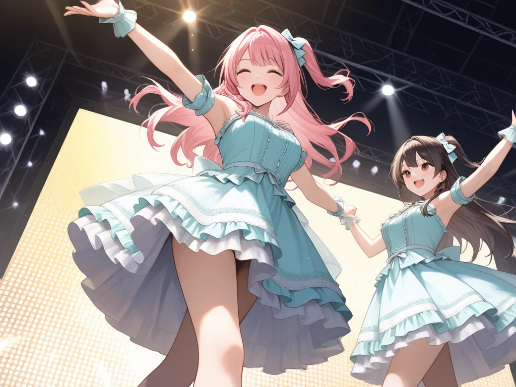 ((masterpiece、Highest quality、Official Art))、snap shot、Idol Concert、Concert Stage、(3人のcute naked girls、12 years old、smile、sing、dance、Ribbon headband、Ultra mini skirt:1.2、Idol Costumes:1.3 )、Exposing the breasts、Hair of different colorr.々Hair style、(((Full nudity、Pussy、cute)))、(Sweat a lot、Glowing Skin)、Anime key visual, ((The characters are unique))