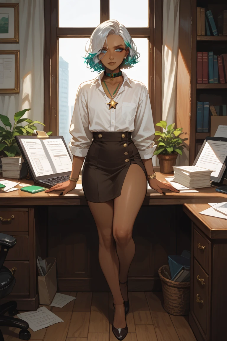 ((1girl)), 21 year old woman, long light green hair, small breasts, thin hips, choker collar, wrist cuffs, nude, naked, pubic hair, standing, animated pose, open door, open window, bookstore, bookcases, books, dramatic lighting, cinematic lighting, masterpiece, best quality