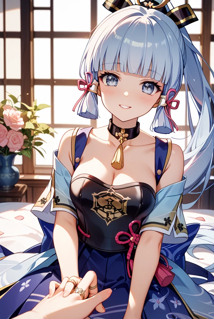throw_hand,Holding_hand,masterpiece, Highest quality, so beautiful, Absurd, up to date,One girl, tits,Grin,Sweat,blush, ,One girl, kamisato ayaka, Genshin Impact, Long Hair, blue eyes, ponytail, Blunt bangs, Blue Hair, hair ornaments, chest, ribbon, hair ribbon, Mole,Women's locker room,,floating_Clothes,Sweat,pants