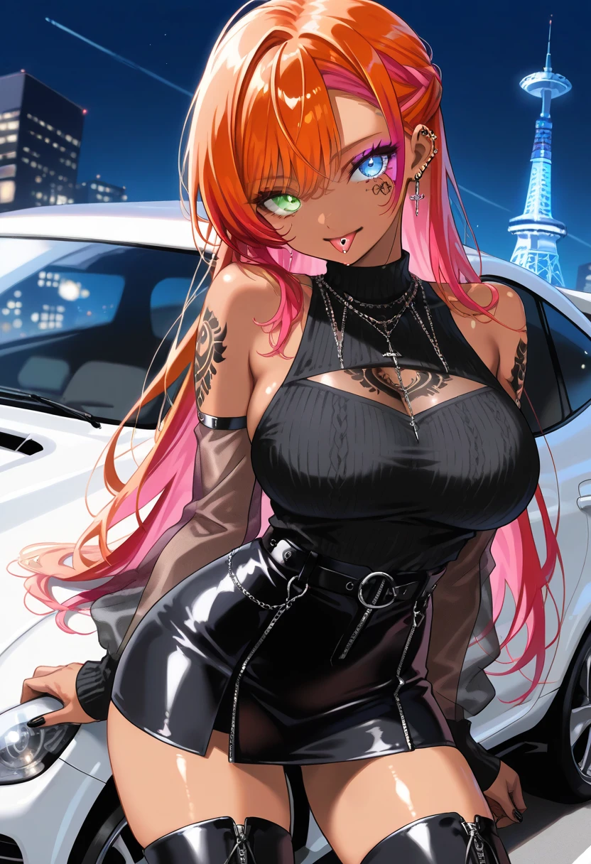 Outrageous resolution,masterpiece++,top-quality++,ultra-definition++,ultra-definition++,4K++,8K++,Anime character girl, 2D, high resolution, extremely detailed, Highest quality, highest image quality, HD, perfect face, beautiful face, Baobhan_sith( fate grand order ),(best quality,4K,highres,huge breasts:1.6, tall:1.3), 1 girl, solo, detailed face, long eyelashes, mascara, red long hair, bright pink hair, pointed ears, vampire girl, big breasts, big ass, sexy body, body curve, slender body, full height, bright skin, red eyes, pink eyes, distinct_image, highly detailed, semi realistic , red pupils,wear crop top black leather jacket, black jeans, high-heeled black boots,black jeans tightening ass, in sci fi city, futuristic city background, afternoon, footpath, backview, rear view, backside, holding a mobile phone by hand, Bow head slightly, look at mobile phone, aggressive eye, angry eye, standing next to black motorcycle, black motorcycle parked, standing side motorcycle,detailed contemporary art,contemporary art Style,beautiful modern gothic pattern wall, whole body, colorful gothic pattern, body paint,colorful gothic pattern body paint
