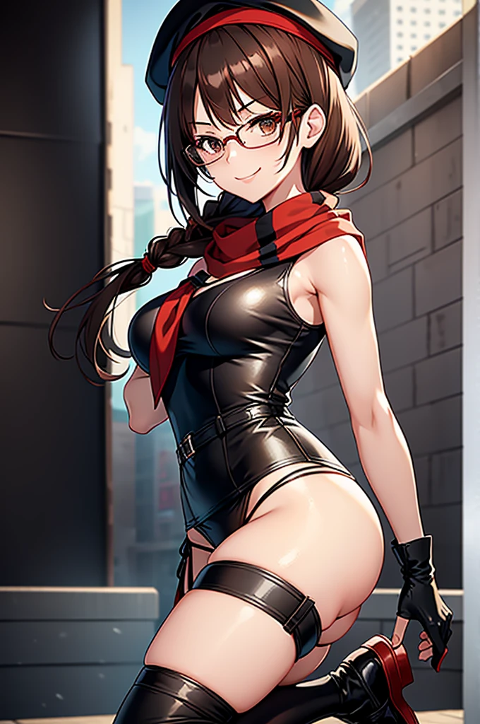 ultra-detailed, Explicit, Beautiful body, Beautiful Nose, Beautiful character design, perfect eyes, perfect face, ultra highres, 4K, beautiful legs, perfect legs, Nice hands, Perfect hand, Masterpiece, Best Quality, Highly detailed, illustration, absurdres, perfect anatomy, street fighter, doll suit, shadaloo doll, dollsuit, expressionless, blank eyes, looking at viewer, red gloves, emotionless, black latex, corrution, mind control, female combatant, full body, hypnotized, unhappy trance, full body suit, ribbed bodysuit, both arms at side, obey, perfect female body, extremely glossy latex, hypnosis, hypnoLora, empty eyes, Mind control device, poses, submissive_pose, Slave, hat, necktie, stand up straight, standing, standing at attention, hat, necktie, belt, latex, ribbed bodysuit, thighhighs, garter belt, Fighting Stance, extending the right arm from the shoulder into the air with a straightened hand, military, thigh boots, 1girl, Solo, Yomiko Readman, R.O.D, black hair, long hair, glasses, black eyes