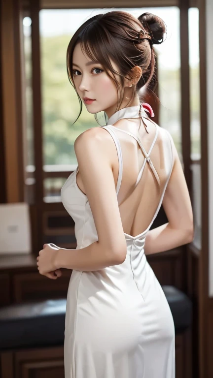 best quality,masterpiece,8k, 1 woman,white cheongsam,side line,back