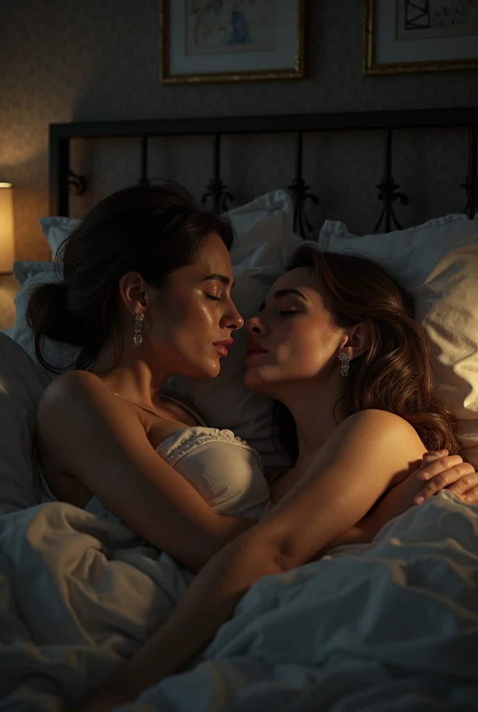 1 woman, ((Jennifer Ehle)), 25 years, ((long dark blonde hair)), wearing lingerie, in bed with another woman(((older woman, short black hair, sexy))), kissing embracing, 2 women, very different appearance, RAW, 8k, photorealism, realistic skin texture, pores, Kodak colour