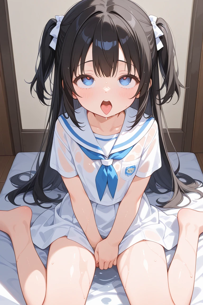 Only one 6-year-old girl, vaginal , small breasts, large amounts of semen dripping from the vagina, miniskirt, shaved pussy, exposed breasts, white panties, from behind, crawling on all fours, random hair color, random hairstyle