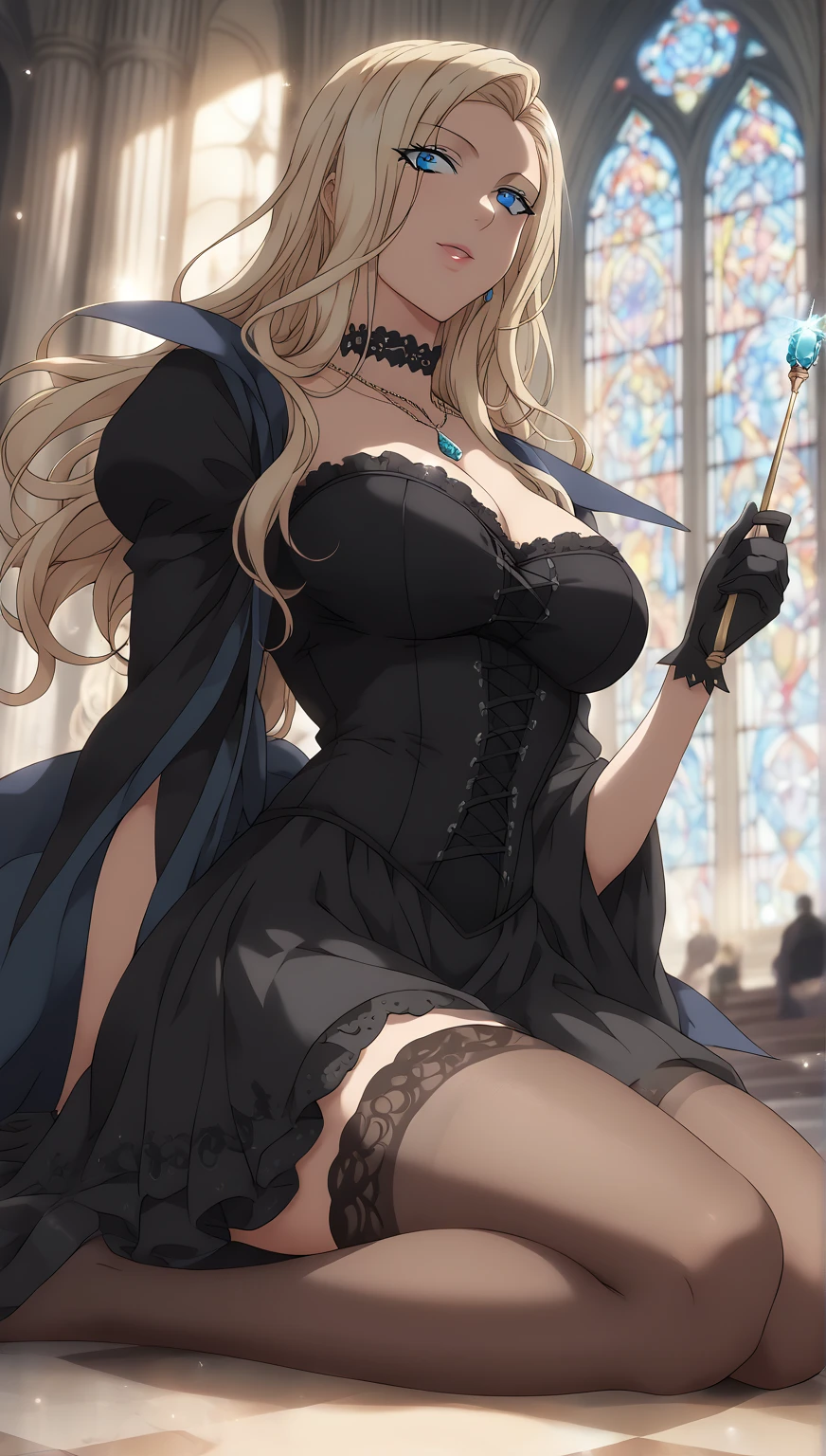 Adult Woman, Sexy Witch Cosplay, Long dark blonde wavy hair、off-shoulder knit, (Long flared skirt in dark blue), Medium milk, cute smile face、Bare shoulders、(Pose to lean forward and emphasize the chest)、(turned around)、sexy hips、Black High Heels、Luxurious magic wand and book、Church of the castle、sexy pose、(((The skirt is rolled up by the wind)))、Sexy black lace panties、(((You can see all the panties)))