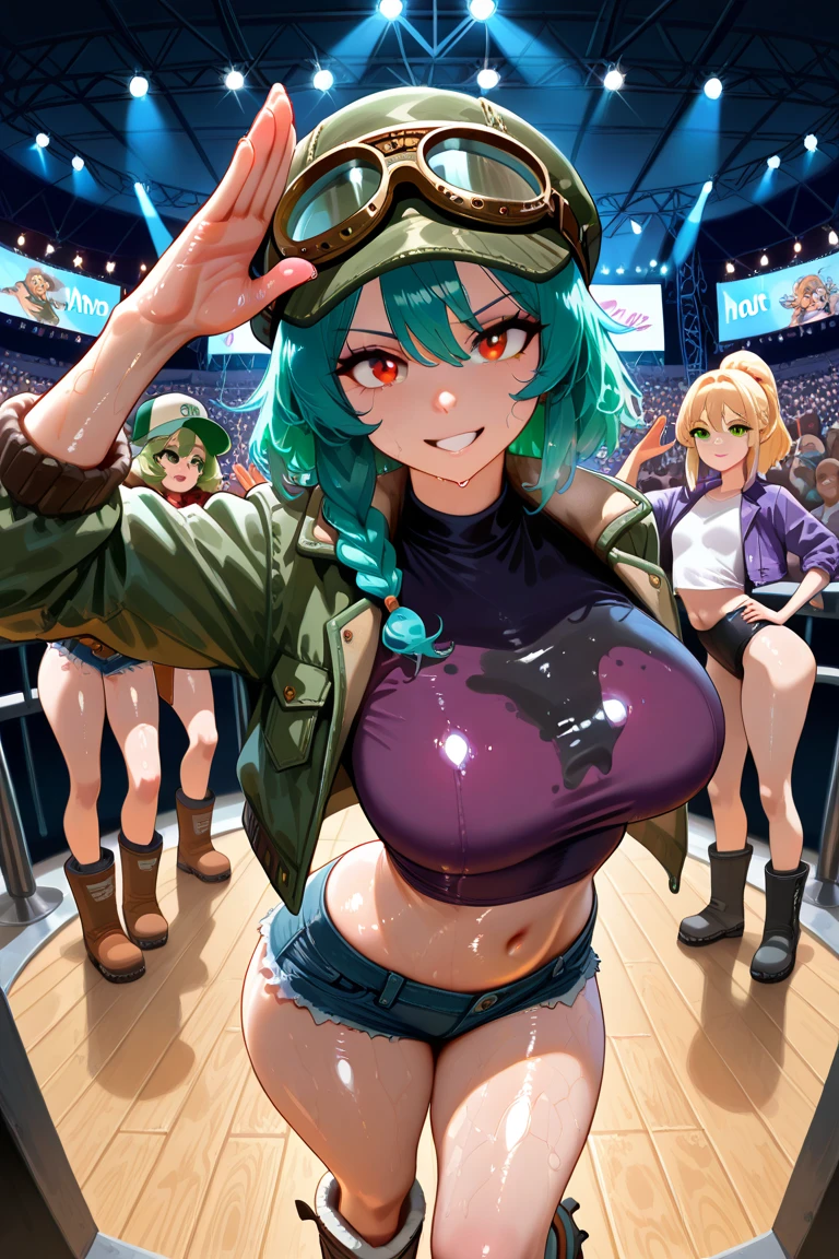 bulla, long hair, straight hair, aqua hair, blue eye, cheerleader outfit, football stadium, pum-pums,, (big breasts:1.5), (masterpiece:1.2),( high quality:1.1),(best quality), (ultra detailed), (8k, 4k, intricate), light particles, lighting, (highly detailed: 1.2),