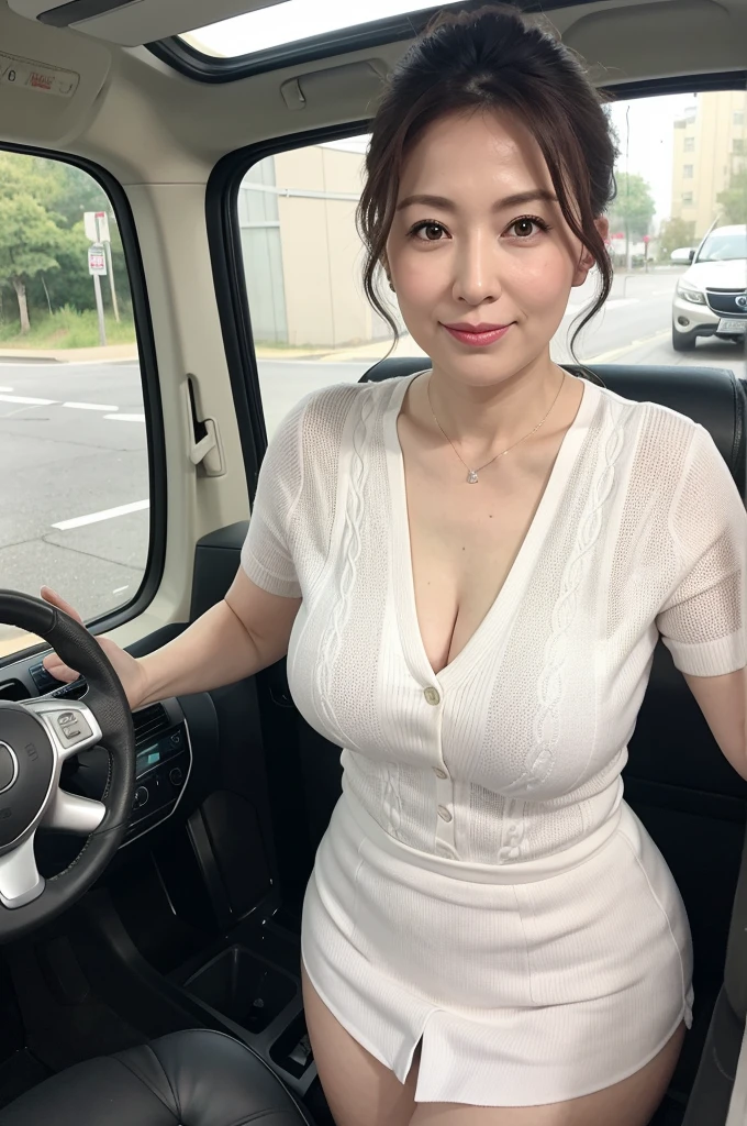 housewife, 37 years old, Height: 158cm, ((in the car)), cute, clear, big breasts, firm chest, big butt, (thick lips), curvy body shape, beautifully styled hair, Pale pink knit and white miniskirt, medium short, ((exposing chest:1.3))