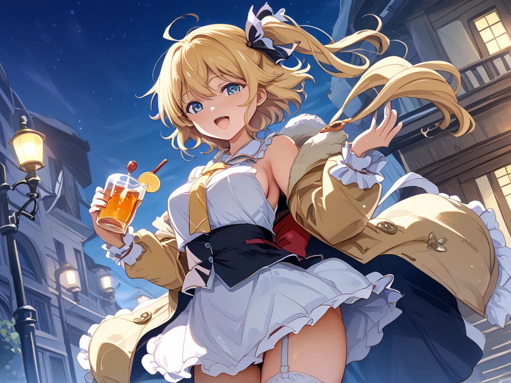 (masterpiece)、(absurdres)、(ultra detailed)、((solo lady)、(blonde hair:1.0)、(shiny red eyes:0.7)、(highponytail:0.9)、(a little red libbon:0.8)、(long hair:0.7)、((middle breast:0.8))、BREAK,Frills、White one-piece swimsuit、BREAK,Seaside beach、Toast with a beer mug、closed eyes,smile,Fireworks and starry sky、