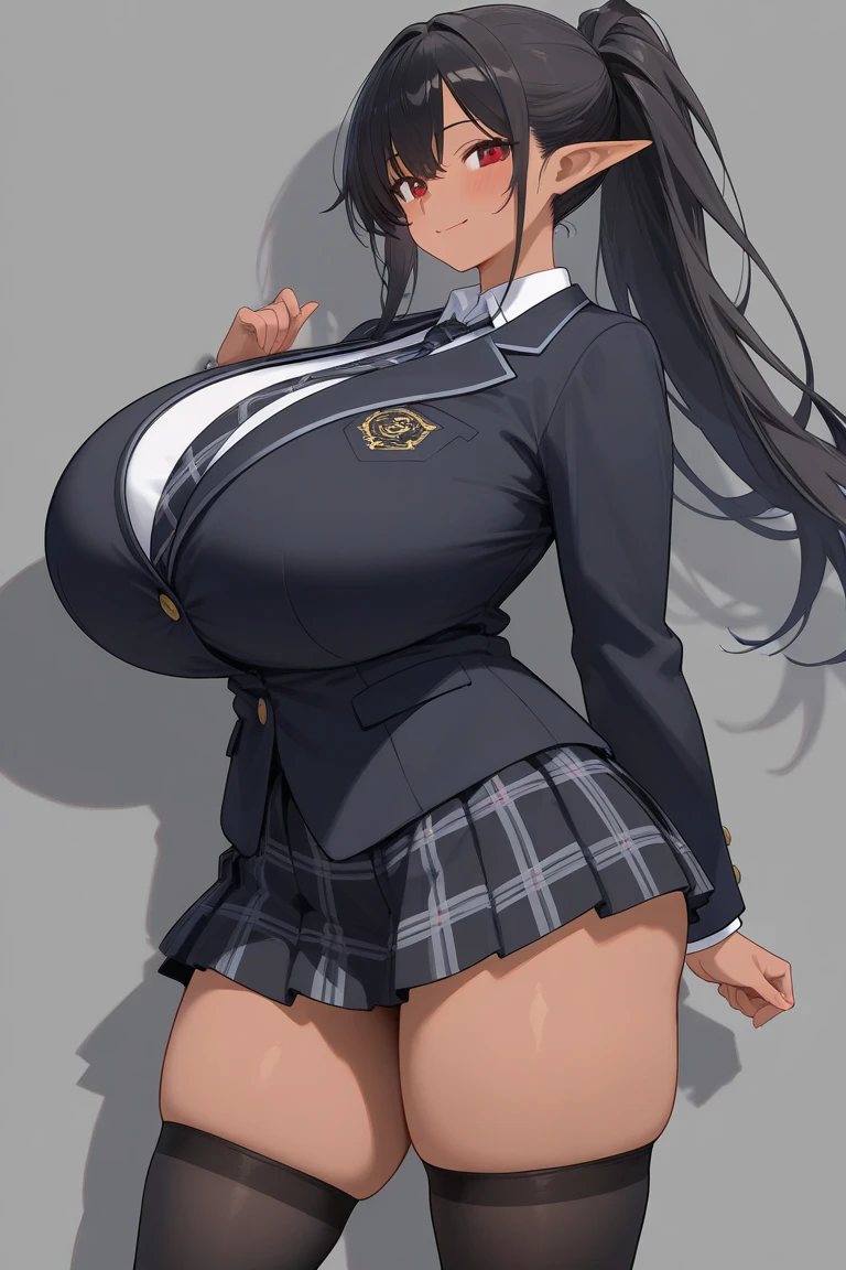One Girl,Precise five fingers,{Knee-high socks}、(((Wide Hips)))、 (((Plump thighs)))、((Big Ass))、(Big Breasts) Embarrassed look,whole body、Long Hair、Sexy pose,Black footwear、Black Hair、blonde、Short skirt、Cleavage