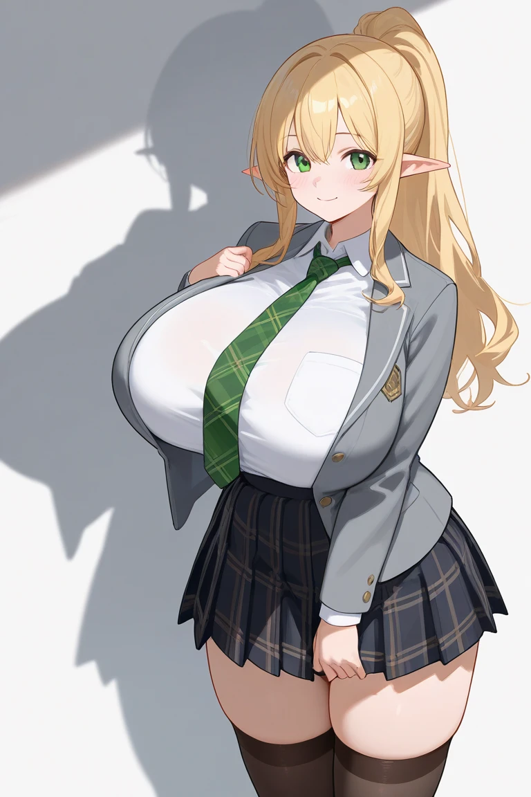 score_9, score_8_up, score_7_up, 1girl, mature female, shiny skin, <lora:Expressive_H:0.8>, <lora:Alice-10:0.8>,alice, green eyes, light brown hair, hair ornament, single braid, low-tied long hair, very long hair, bangs, brown pantyhose, blue sky, blush, braid, breasts, cloud, day, eyebrows visible through hair, full body, green necktie, green scarf, hair between eyes, black jacket, large breasts, loafers, long sleeves, looking at viewer, closed mouth, outdoors, pleated skirt, black skirt, sky, solo, standing, striped scarf, black corset, white shirt, necktie between breasts, puffy sleeves, school uniform, four-leaf clover hair ornament, black footwear,park, wind, hands on own hips,pose, smile, standing,