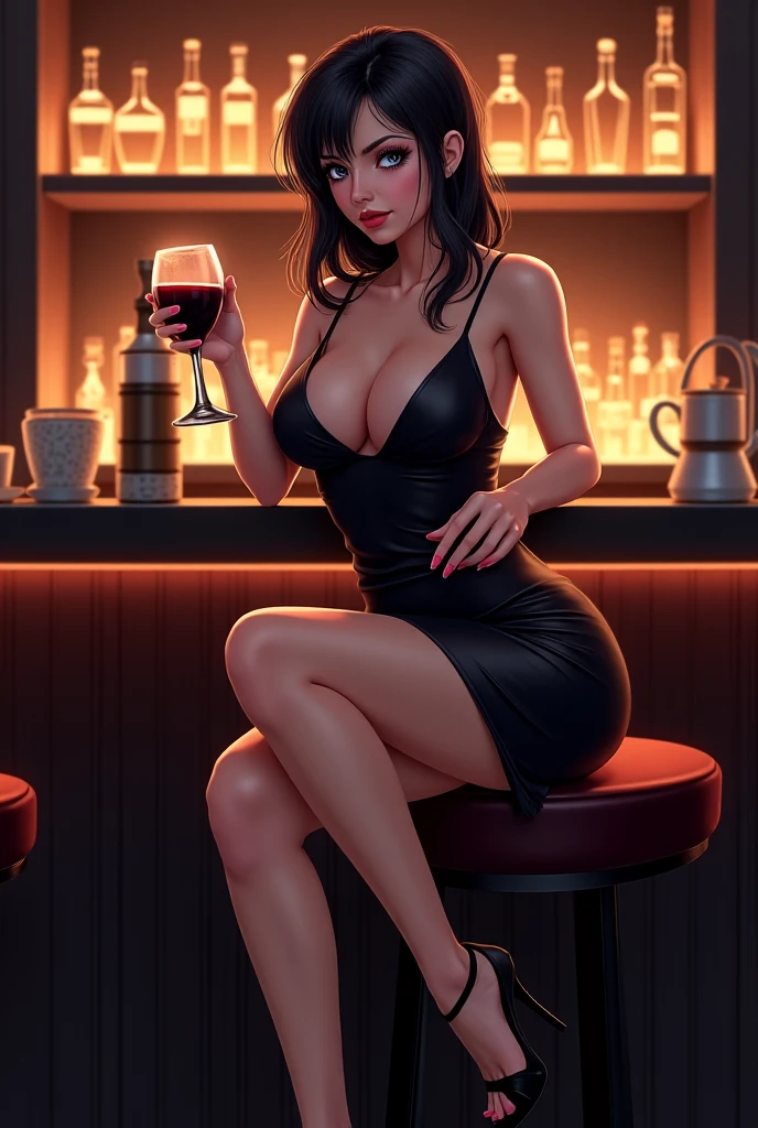 sexy woman, big breasts, Wide hips, thick thighs, small waist, black hair, blue eyes, wearing a short, black, form-fitting dress, drinking from a glass of wine at a bar