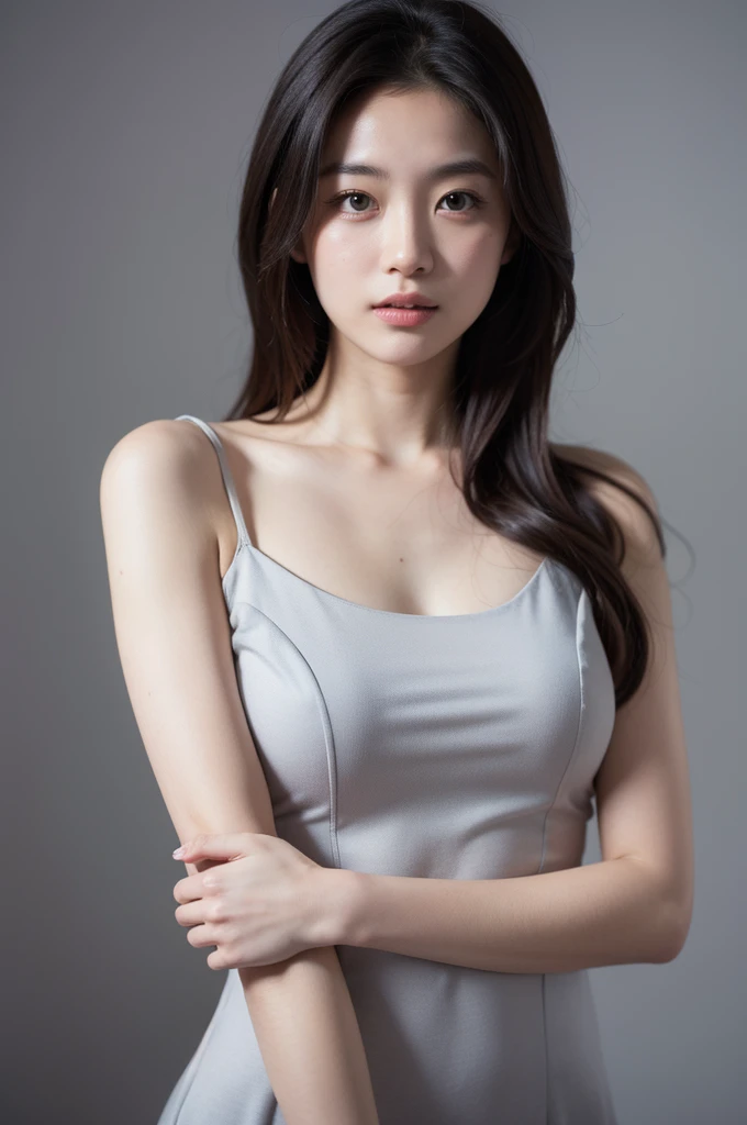 1woman,Javanese Woman, long shirt, Look at viewer, ((Grey Wall Background)),Long Hair, High Quality, Photorealistic, Natural Lighting, Natural Shadow, Glowing Skin, Shot with Sony A7 mark IV, Coboy Shot, Sharp, Clear Subject, big breast size, knit strap tanktop