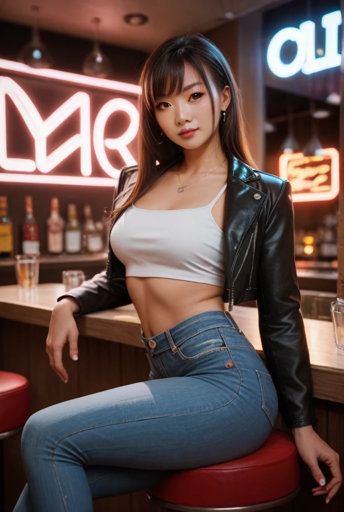 1girl, Hands resting on a pub bar, legs spread apart, (perfect body:1.4), (perfect ass:1.4), cute smile, seducende expression, long dark hair, blue eyes, (big boobs:1.4), very very short underboobs shirt, wears tight leather skirt, showing her legs, 50's style tattoos, wide angle shot, ((masterpiece)),(( high realism))