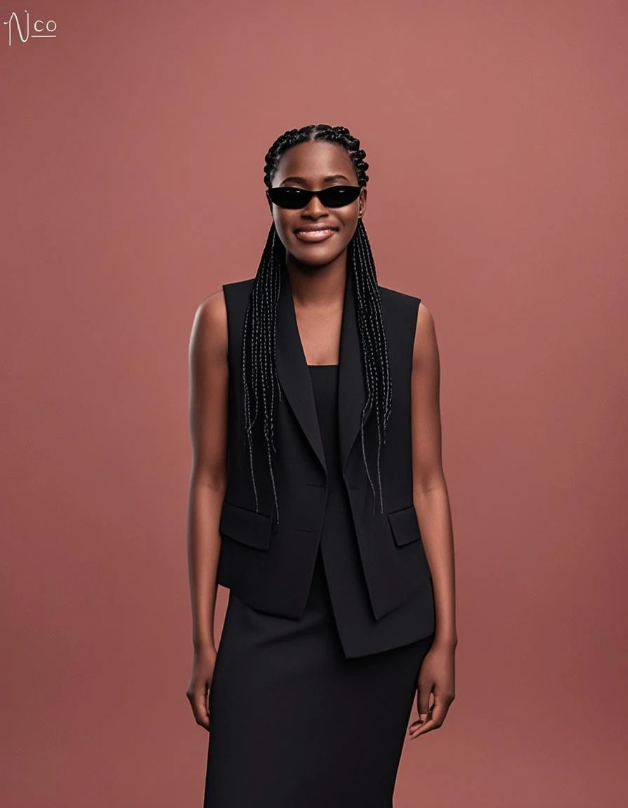 (photorealism:1.2), beautiful black African woman,22 years,sharp boobs, wearing fitting latex suit written "Kinuthia",smiling,long braids, black  oversized glasses, standing , plants in background
