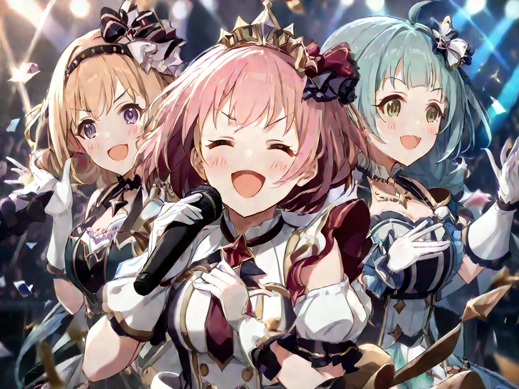 {{{{ (Cinderella Girls IDOLM@STER) }}}}, {{{Masterpiece}}, ((highest image quality)), {{Illustration}}, High resolution, {{{Super detail}}}, Cinematic lighting, {{Highly detailed CG}}, 8k_wallpaper{Game CG}}}, group shot,Dynamic Angle, 3 girls in a row, 3 girls, detailed background, on stage, concert, (((Idol))), (Light blue idol costume)))) ((((light blue)))), light blue short skirt ((((light blue)))), (ruffles), very detailed gradient eyes, (beautiful detailed eyes), brown eyes, (((((hair flap)))), bangs, side ponytails, delicate beautiful face, medium breasts, smile, wave hands, open 1 mouth, colorful and dramatic shadows, spotlights,