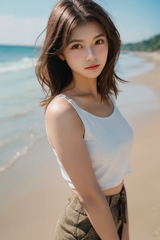 ((masterpiece)), ((best quality)), (ultra-detailed), ((sexy)), (ero), realistic, real, look up from below, full body focus, beach, daytime, summer, a cute girl, 1girl, solo, nude, ((beautiful eyes)), wearing underpants, slim, slender, cool, The whole body is sweaty, wet with sweat and the clothes are transparent, the big size tank top, the big are shaking, (the nipples can be seen from the tank top)