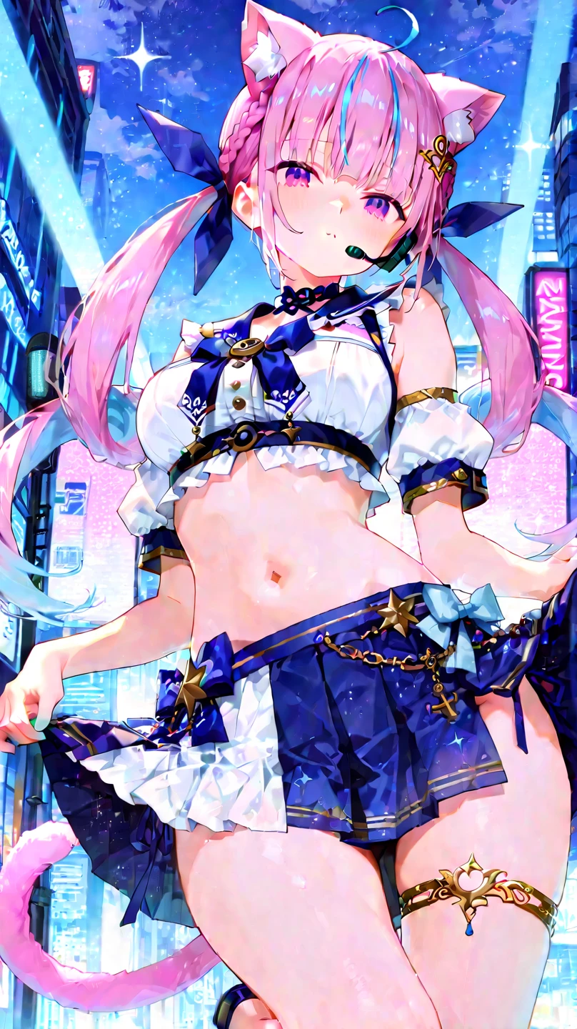 RAW photo, highest quality, High resolution, realistic, 1girl、young girl, 17 years old, full body portrait, No expression, poker face, stone face, model, big breasts, nadia lane, blue eyes, pink hair, twin tails, long hair, very long hair, look_look_hair_ornament, hairclip, pink dress, blue neckwear, frillsスカート, bare shoulders, removed sleeve, frills, black stockings, (brown boots:1.1), empty eyes, empty eyes, ((thin thighs)), cute face, shiny skin, beautiful body, beautiful skin, concentrated , naked from below, beautiful embroidery, (skirt lift:1.5) indicate, underwear, simple underwear, (spread your legs:1.5)、((show off white panties))、bra lift、exposing chest、Show off your white bra、troubled face、??????、excited、close your eyes、open your mouth、((standing、leg up))
