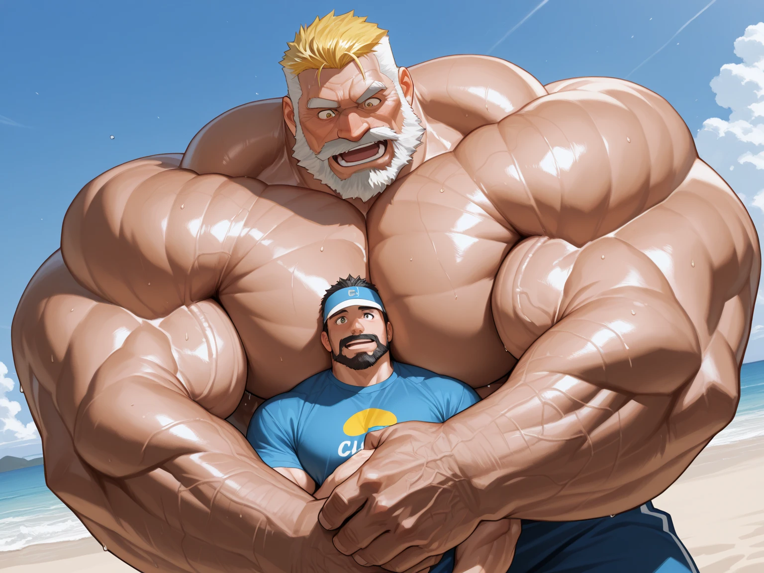 ((1boy)) old man with a white beard standing in front of a building, muscular character, muscular characters, big muscles, strong and imposing, big muscle, large muscles, massive muscles, big biceps, gigachad muscular, heavy looking, big arms, muscular male hero, huge muscles, super buff and cool, buff man, beefy, absurdly massive physique