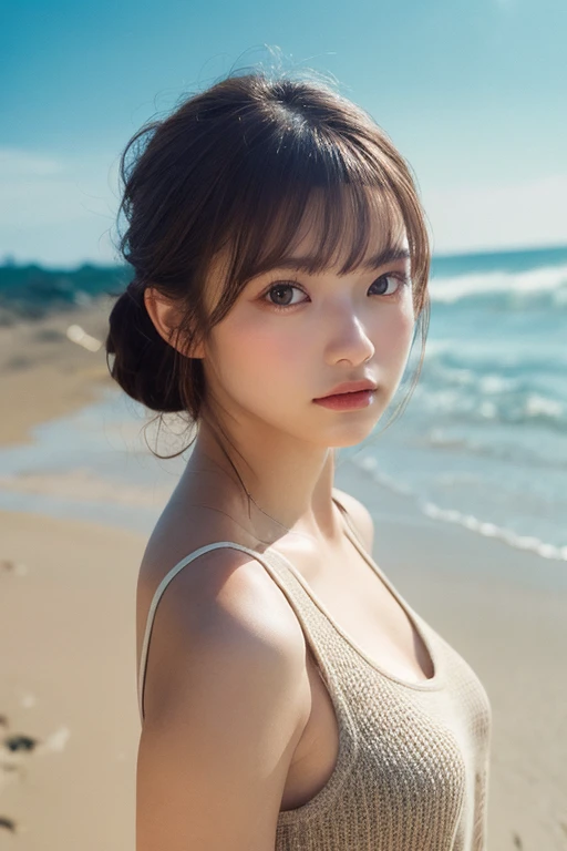 ((Photorealistic))、((Realistic))、Ultra HD、8K、(Beautiful lighting)、Sharp focus、Sexy beauty、20-year-old、((Face with eyes closed just before kissing:1.2))、((Lift your chin a little:1.1))、Sexy shiny latex bikini、((Perfect Anatomy:1.1))、(Big beautiful breasts)、(Tight waist)、(Big and firm hips)、((Perfect figure))、Beautiful and perfect face、A perfect and sharp gaze、(Detailed and perfect closed eyes)、((Random updo hair))、Sexy pose、Bright sunshine on the beach