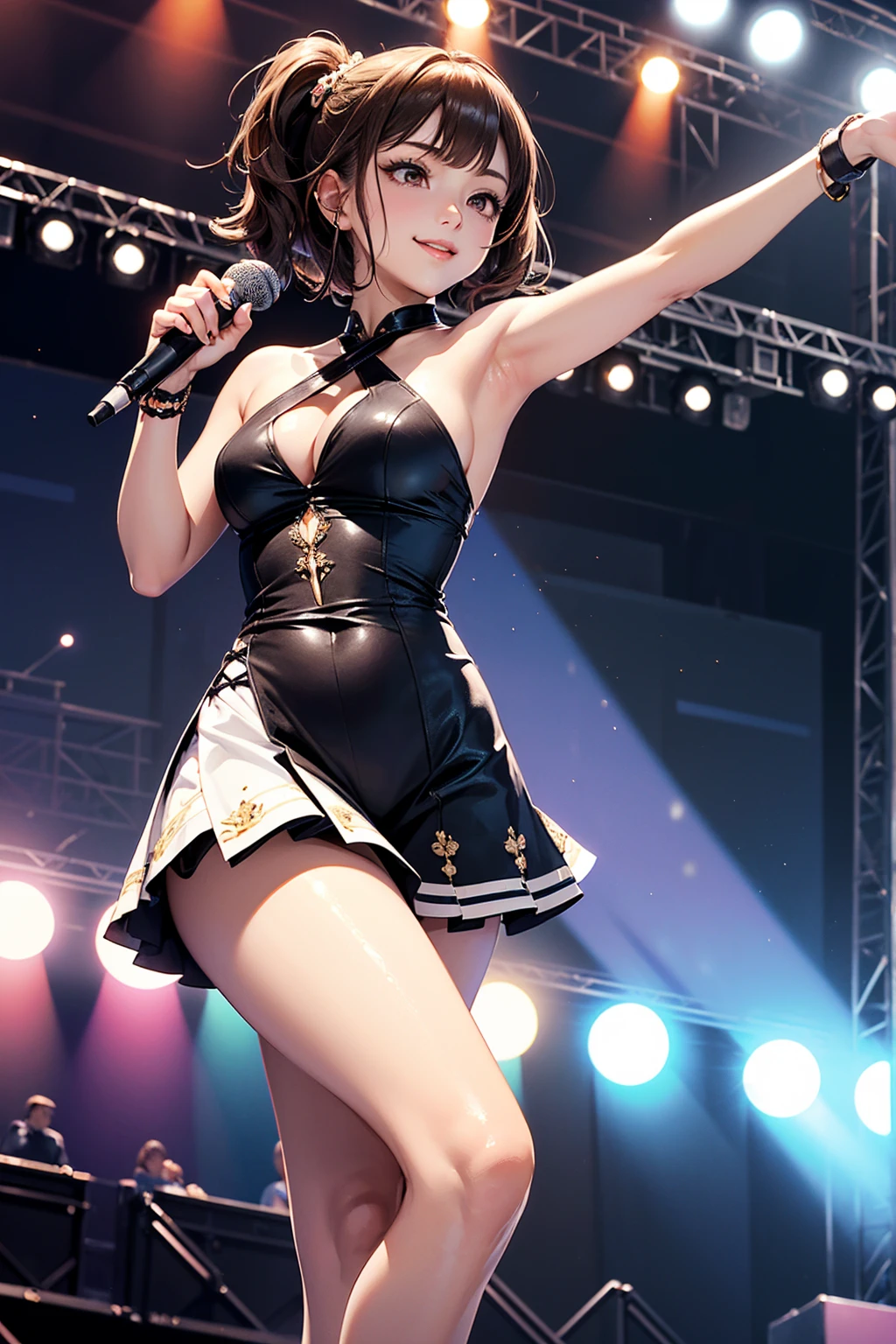 (NSFW), ((masterpiece)), ((highest quality)), (Super detailed), ((cute)), cute, (Lovely), ((sexy)), (ero), ((very detailed)), 4K, (8K), highest quality, (beautiful), anime style, hyper realistic, real, character focus, 1 girl, solo, cute girl, (idol costume:1.5), (looking from below:1.3), (hyper cute face), beautiful light brown hair, beautiful black eyes, ((beautiful eyes)), large breasts, embarrassing, blush,(concert hall:1.3), (pov, Microphone, spotlight, white panties, show off panties:1.1), shiny, shine,