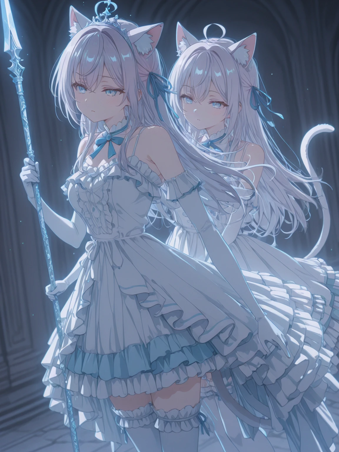 silver hair, dog ears, white dress,wavy hair,delicate features quiet gaze,beautiful half body illustration,beautiful backgraund,atmospheric lighting,sharp focus,vlumetric lighting,cute face,reduce saturation,fine detailed face,small nose and mouth,volumetric top lighting,bold line painting, soft shadow,((masterpiece, best quality)), (1girl), (solo), (female focus),small breasts,flat tits,Lolita,short height,skinny girl,blue eyes,open legs,animal ears,
