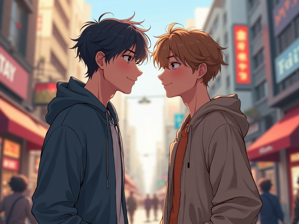 A cover for a fanfic, in the background a school environment and two boys on the cover, one with straight black hair and brown eyes and the other with brown and curly hair. teenagers 