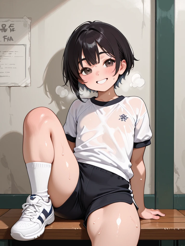1girl,,tanned body,short hair,sitting on ground,,open legs,spread legs,outdoor,miniskirt,panties,,(((looking away))),socks,shoes,(sweating,trembling),medium breasts