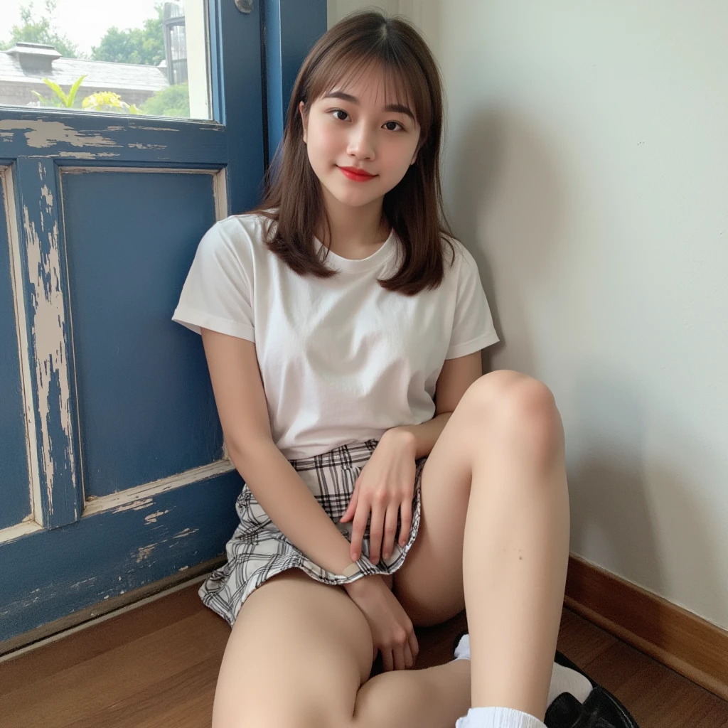 Girl,,Sitting on the bed。She was wearing a mini skirt and a T-shirt。She didn't wear any,That's why her nipples are visible through her very tight T-shirt。She sits in a way that makes her clearly visible,Because her legs were pressed against her body and slightly apart