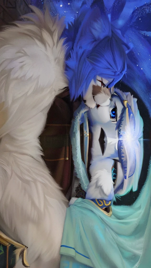 Cyan male furry wolf with white fur wearing dark blue suit with dark blue archangel wings wearing shiny blue Aurelia with blue bed showing moving stars