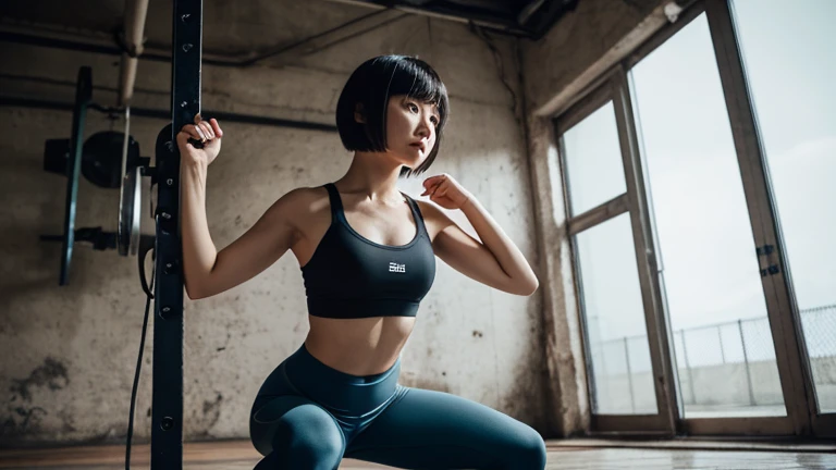 A fierce (female agent )1.2 in a kneeling position, wearing (black cargo pants)1.4, (black tank top)1.2, (obscured face)1.3, analog style nofilter selfie, posing in an (indoor training area)1.2, (backlit)1.2, (film grain)1.2, cinematic movie still frame, black sneakers with white soles, various equipment in the background.