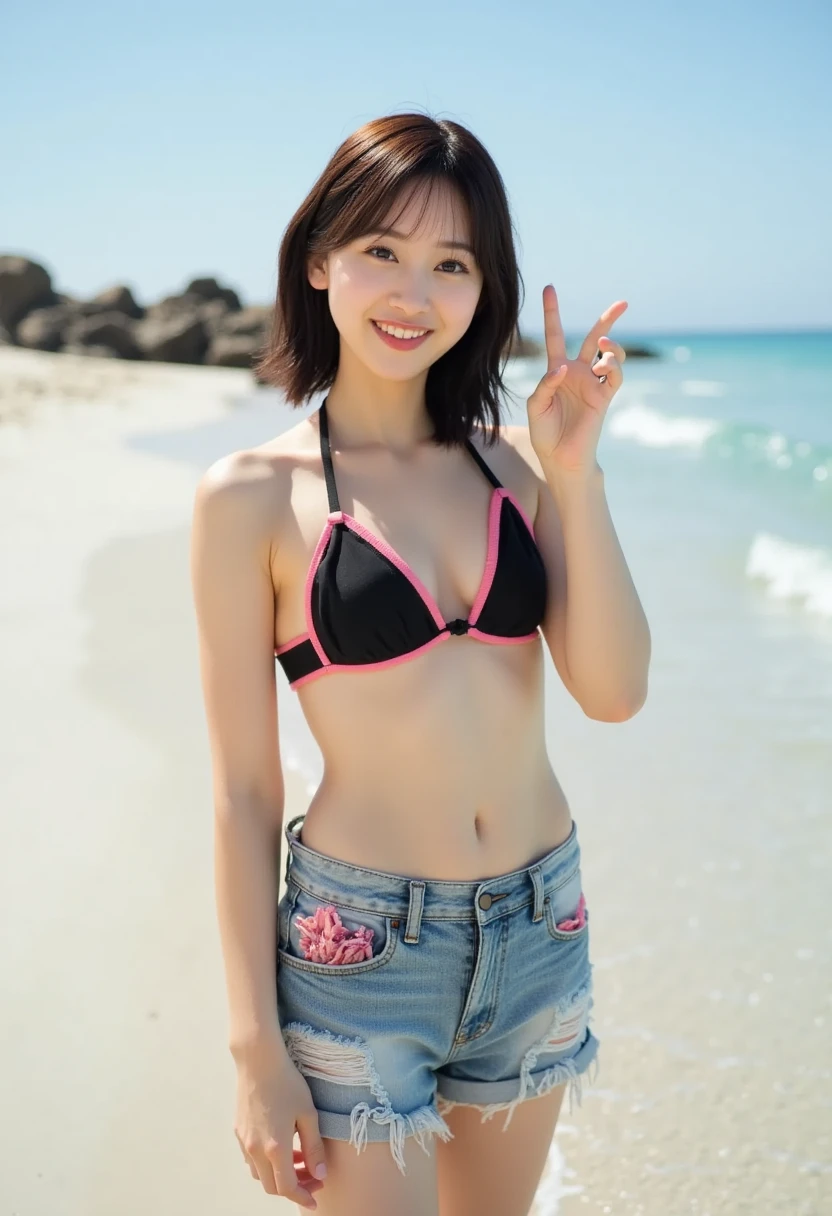 real swimwear,realistic,(ultra quality:1.2),high quality,masterpiece,(ultra detailed:1.4),japanese girl,beautiful face,((beach side)),(small hip:1.4),(slender:1.4),highres,(many girl:1.8) ,Necklaces, rings, earrings, watches, jewellery,smile