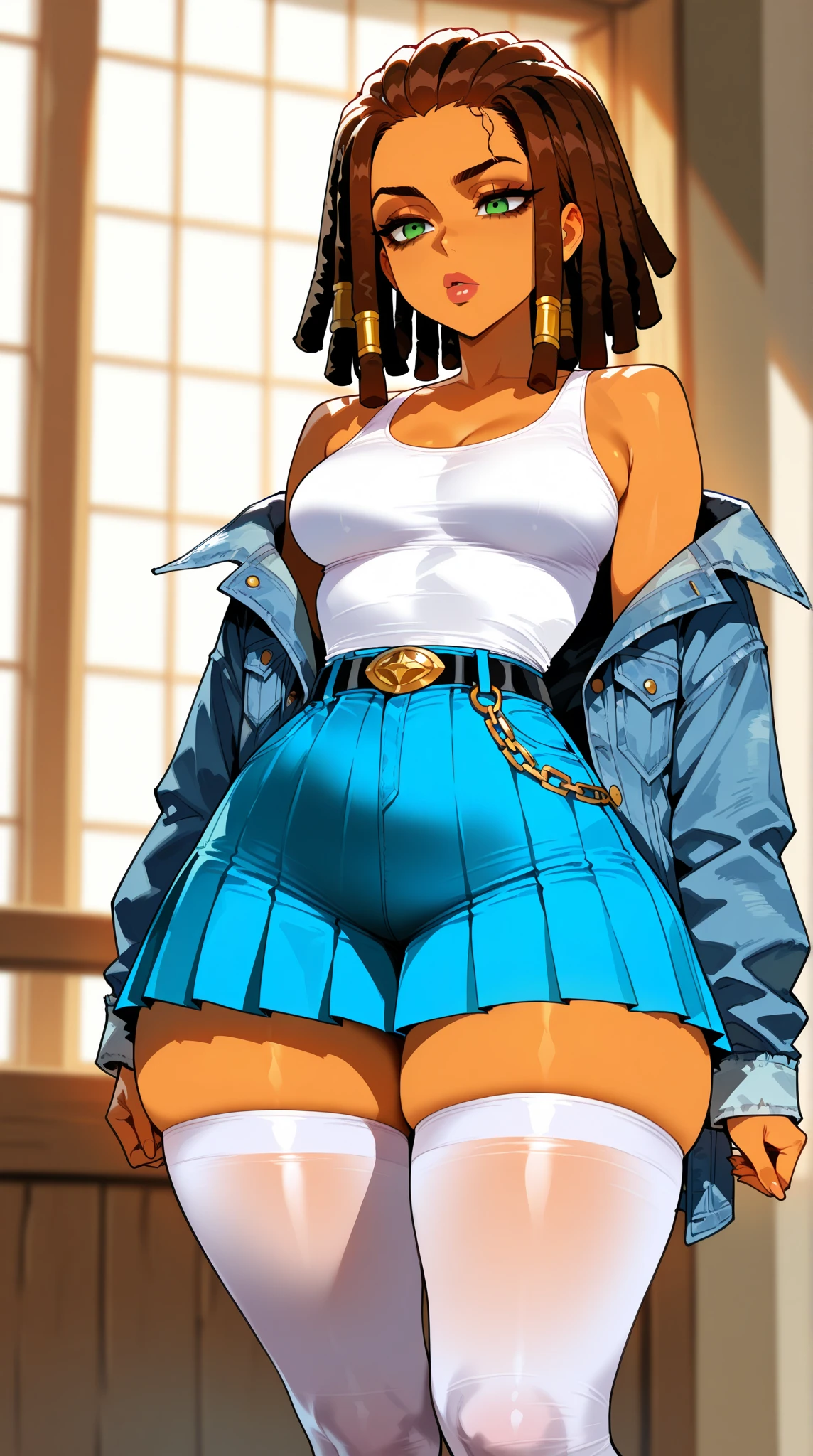 score_9, score_8_up, score_7_up, score_6_up, Character concept art of a dark skinned woman, twin braids, yellow crop top, khahki shorts, low angle, underboob, baseball cap, blowing bubble gum, fashionable, high detail establishing shot. cinematic, bokeh, use of color theory