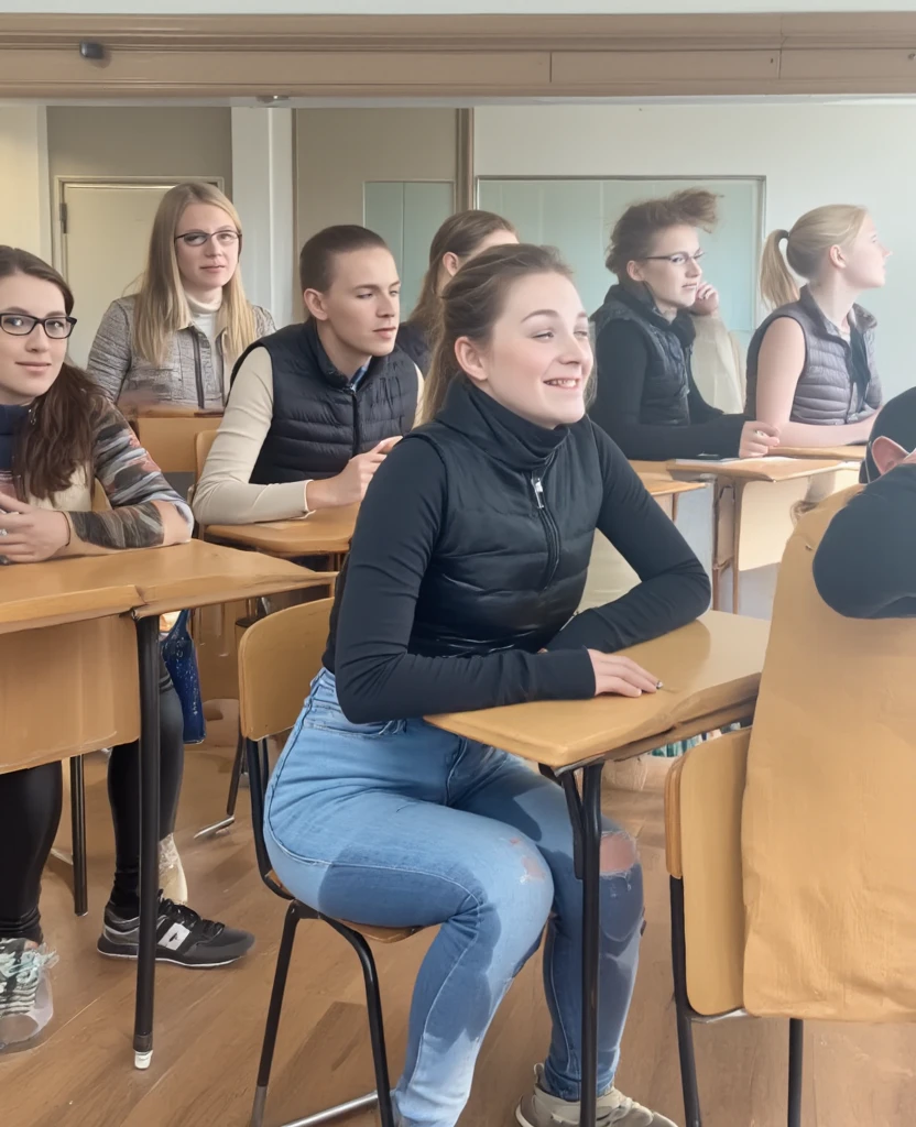 Female teacher with enormous large ass is seducing boys in classroom, realistic image