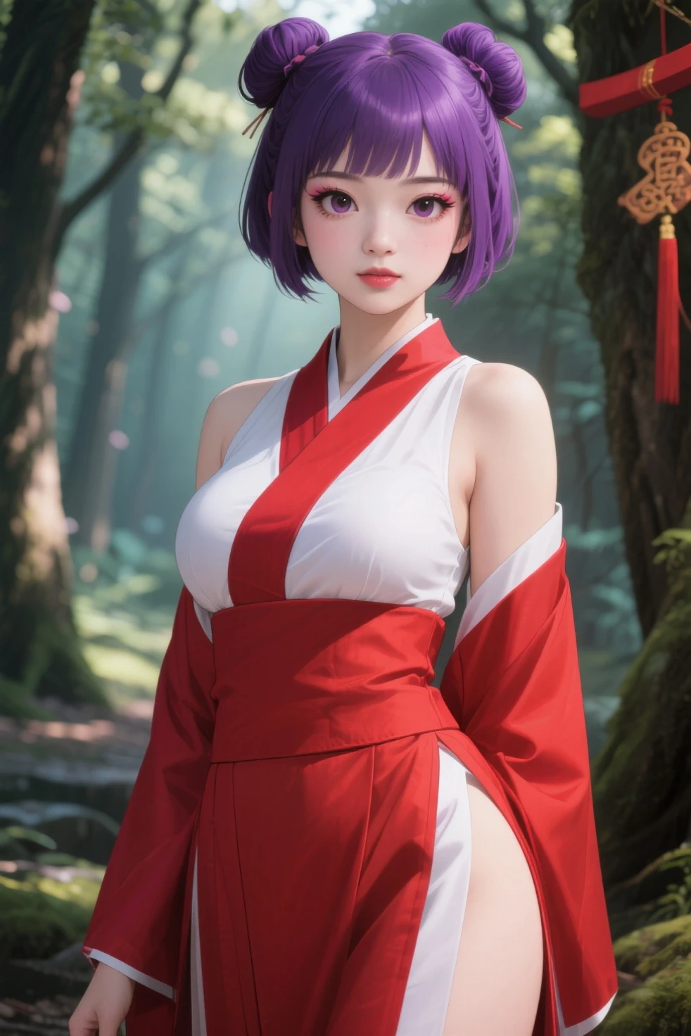 最high quality、high quality、Best image quality、8k、最High resolution、High resolution、最high quality、masterpiece、RAW Photos、whole body写真、Detailed and realistic human body、Detailed and realistic skin、Realistic face in every detail、Detailed and realistic eyes、Detailed and realistic lips、Detailed and realistic teeth、Detailed and realistic ears、Detailed and realistic hair、Realistic reproduction of every detail、Realistic five-fingered figure down to the last detail、(Perfect and beautiful hands、thumb1reference4)、Realistic feet down to the last detail、((Beautiful Japanese Girl))、(Japanese Model)、((18 year old beautiful girl))、((A girl who looks like DOA Ayane)、(Purple Hair)、(Straight hair)、((whole body))、(Slim and perfect athletic body)、(whole body光沢肌、Fair skin)、Soft natural light、kimono、Ninja costume、Japanese tradition、Japanese garden、((カラフルな革のkimono))、((肌に張り付くkimono))、((Natural poses in the garden to make your thighs look beautiful))