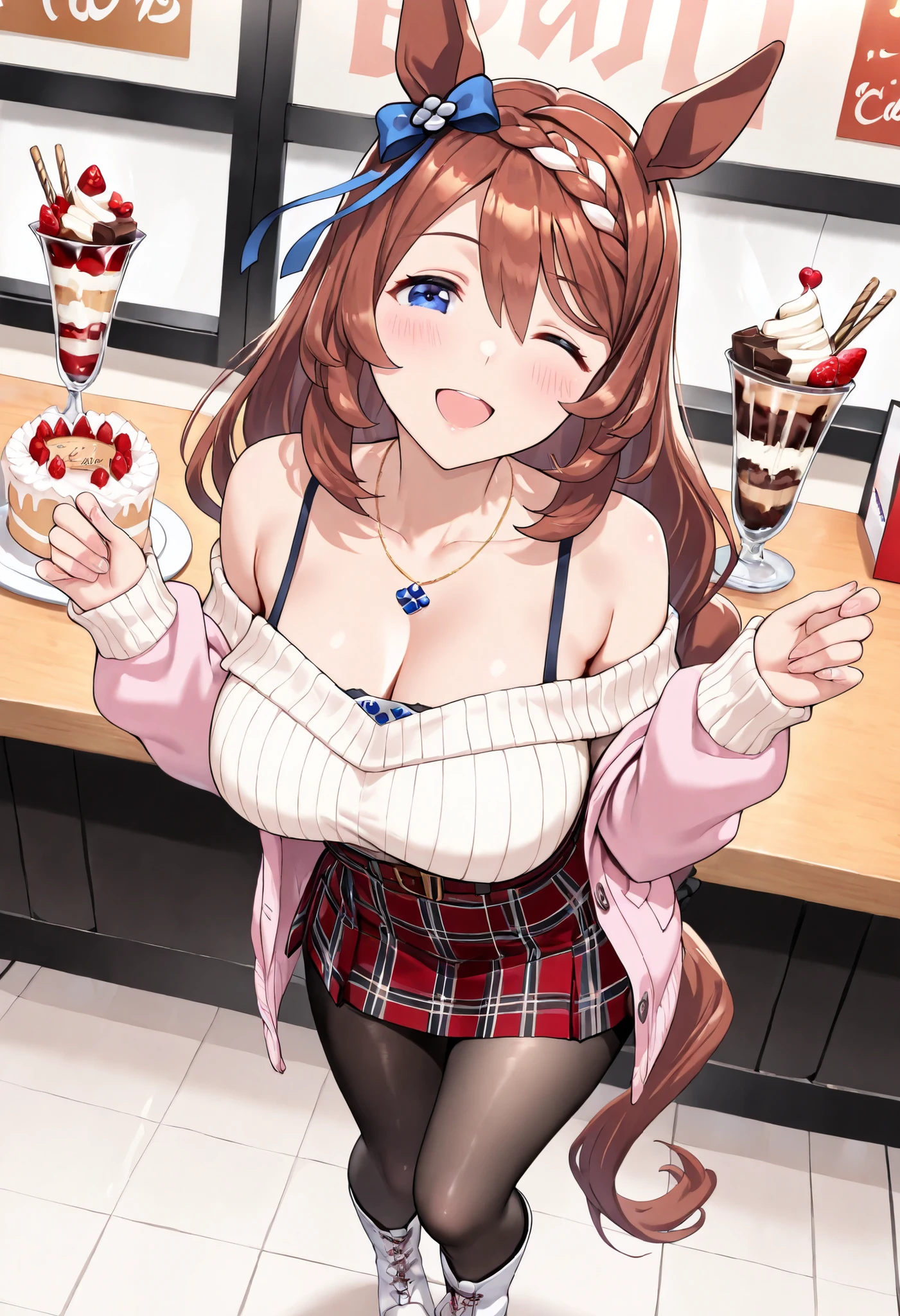 (masterpiece, best quality, perfect face:1.4), wide angle, super creek \(umamusume\), horse ears, ear ornament, horse tail, tail on the lower back, proportional body, proportional, beautiful hair, beautiful face, beautiful detailed eyes, beautiful clavicle, beautiful body, beautiful chest, beautiful thigh, beautiful legs, beautiful fingers, looking at viewer, BREAK, fitted pastel pink knit cardigan, black camisole with lace-up, necklace, plaid flared skirt, red mini skirt, wide A-line, (dark pantyhose), white boots, BREAK, family restaurant, table, birthday cake, chocolate parfait, BREAK, blush happy smile (open mouth), one eyed closed, textured skin, realistic skin, HDR, BREAK, good hands,