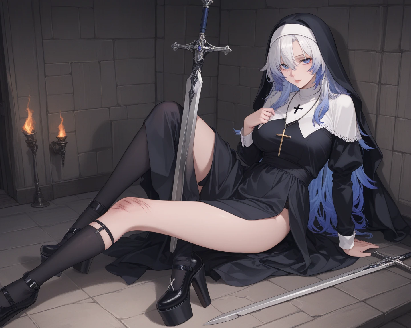 3 Nun de habito de latex ((in transparent white panties peeing on the floor)) Vampiro, Enchente, babando, ((Rezando)) na cama, Velas e ((Water on the floor)) cabelo longo, cruz grande no colo, meia branca, Sem sapato, Praying with rosary on the floor, Anime style in high resolution, erotico, grotesco