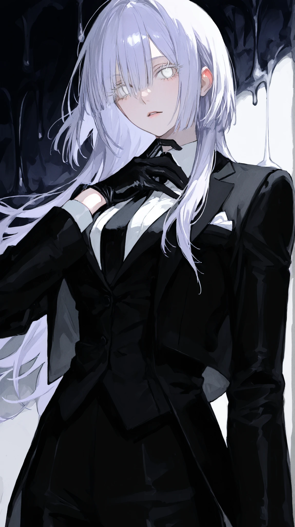 High Definition womanhood black suit black gloves big The hair is melting light purple hair long bangs Hair with long back hair and short side hair Pure white eyes White eyelashes tall good style Bewitching Creepy