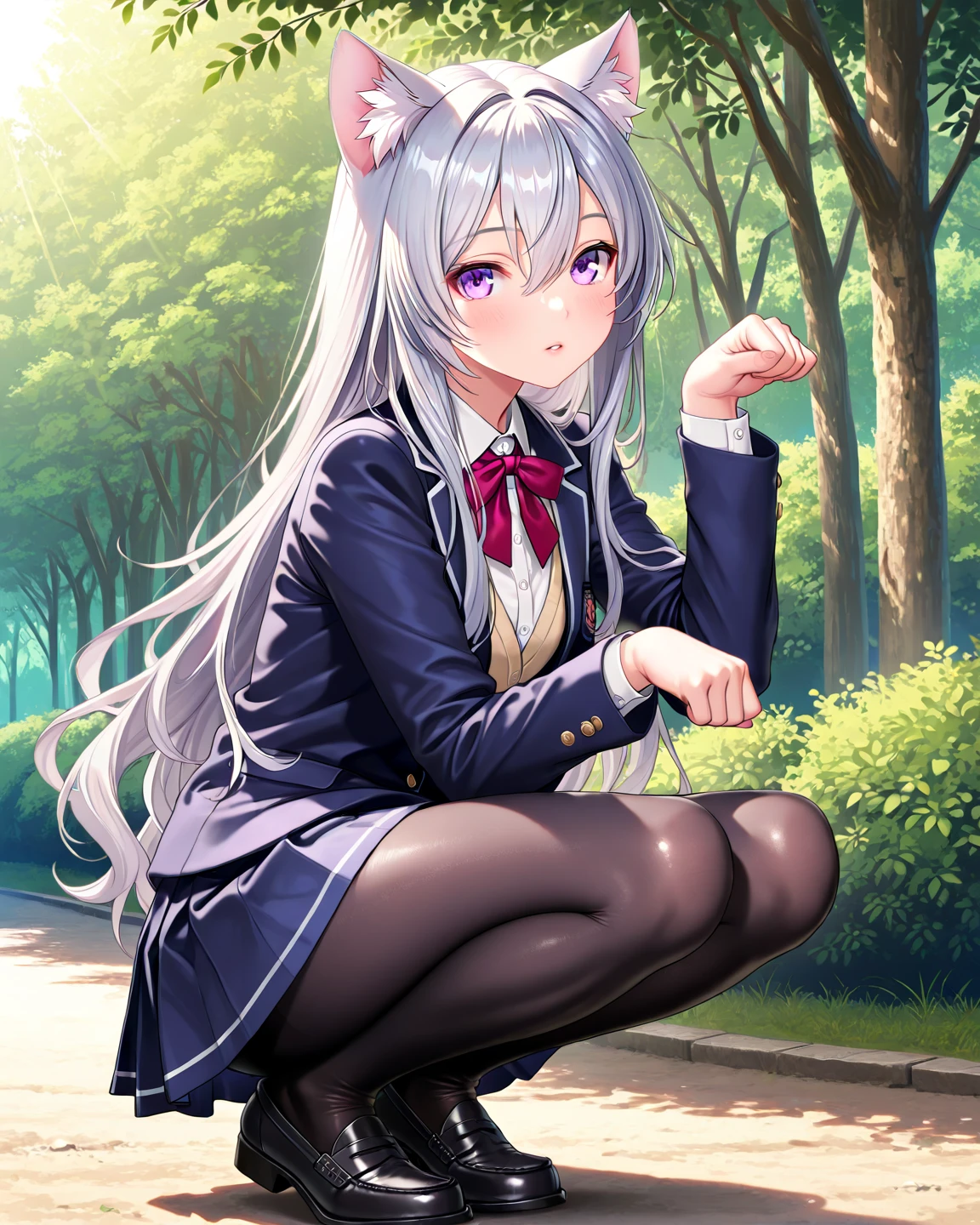 Outdoor,((School building)),1girl,Green Eyes, Grey Hair, hair ornaments, bangs, Virtual YouTuber, blunt bangs, Double Bang, Animal ears, Flat Chest,uniform,Navy Blue Blazer,White shirt,Pink ribbon,Grey Skirt,Pink Panties,White long socks,(Black low heels),I have a pink camera,Bring the camera closer to your face,squat,Hold the camera, :3,1boy,Girl's underwear