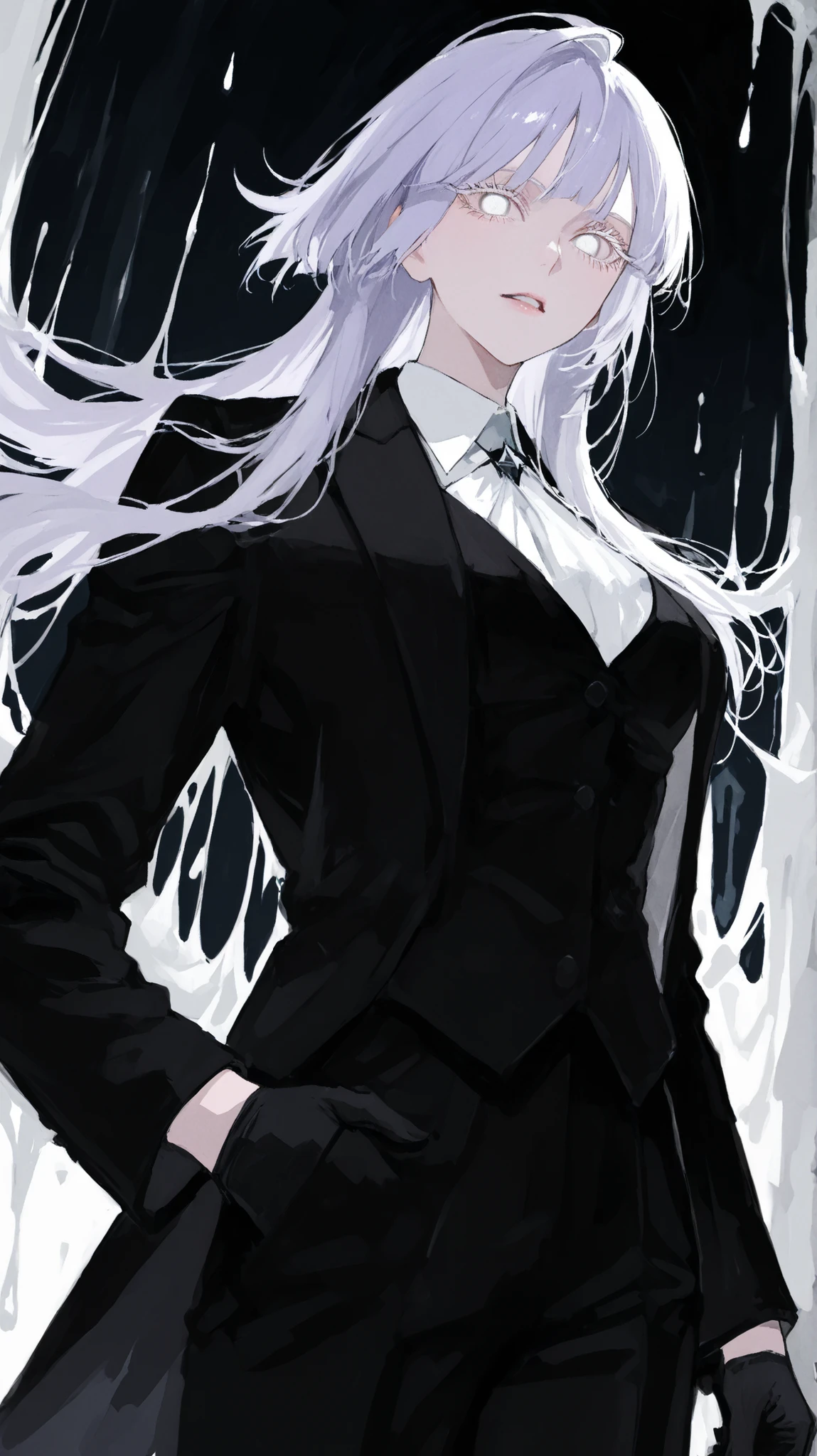 High Definition womanhood black suit black gloves big The hair is melting light purple hair with bangs that cover his eyes Hair with long back hair and short side hair Pure white eyes White eyelashes tall good style Bewitching Creepy