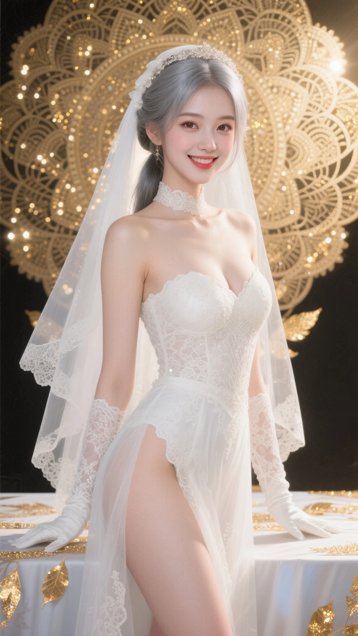 masterpiece:1.2, best quality), realistic, (real picture, intricate details, depth of field), (1girl, solo), make up, parted lips, highly-detailed, perfect face, (skindentation), thick thighs, wide hips, small waist, tall, glossy coral lips,, (A girl in a wedding dress with flowers in hands )), sexy, blushing, Mikasa from AOT